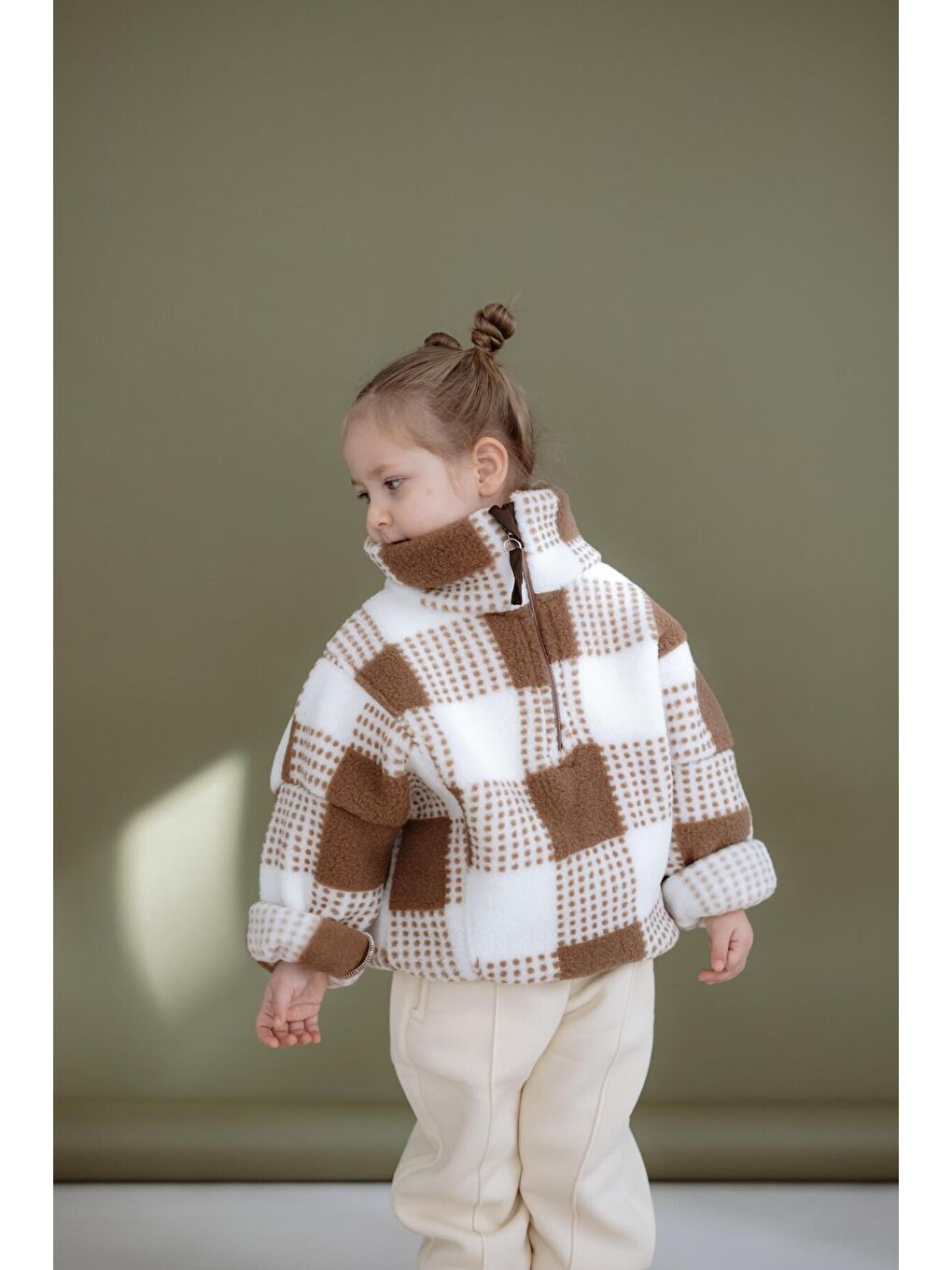 Kahverengi Kahve Kareli Yarım Fermuarlı Wellsoft Çocuk Mont 1-6 Yaş-1