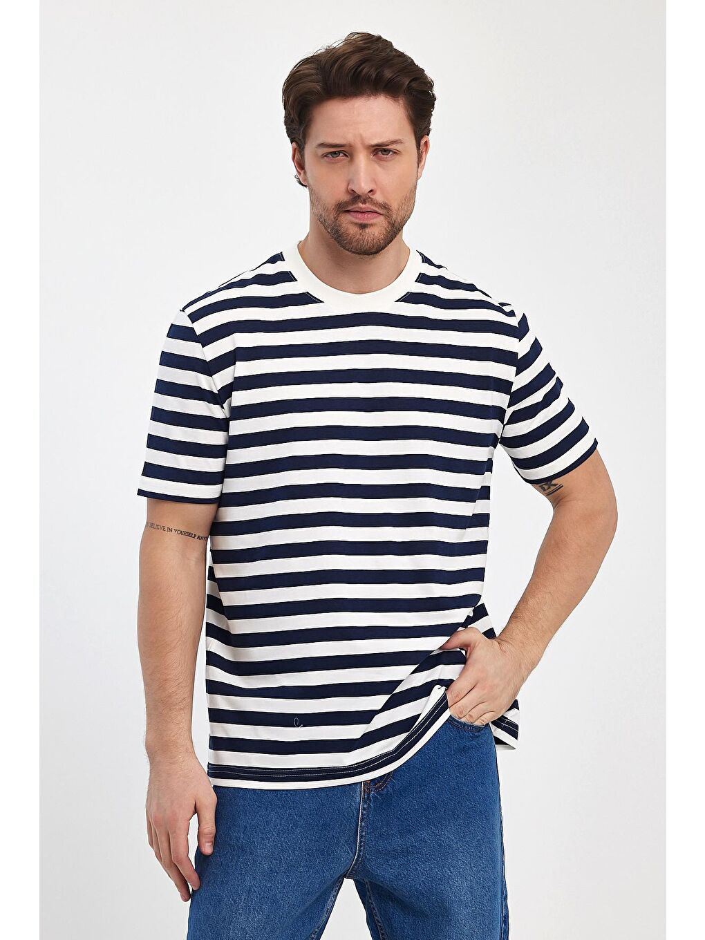 Lacivert Regular Fit Bisiklet Yaka %100 Pamuk Rahat Kesim Çizgili Erkek Tişört RF0389