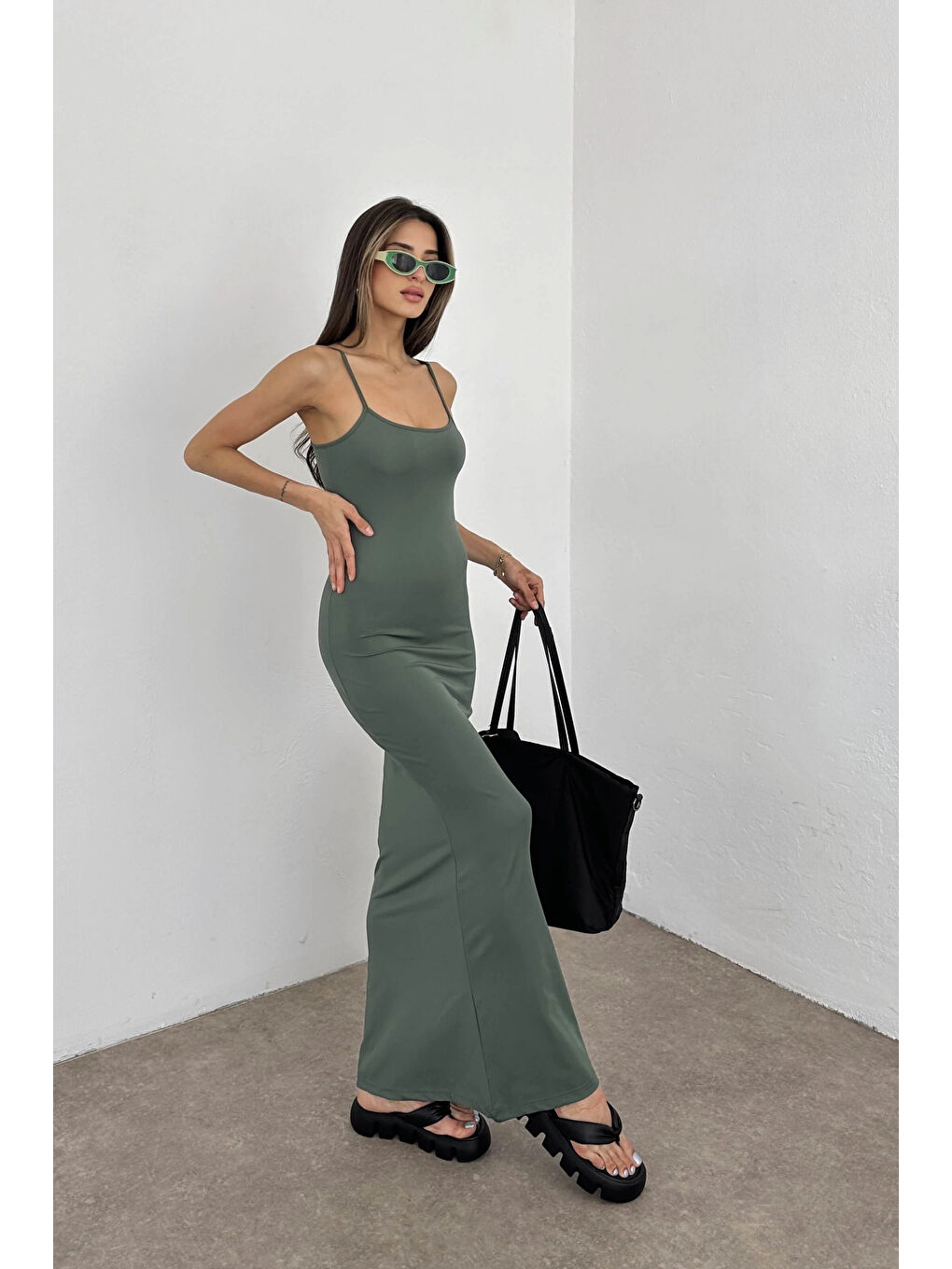 Kadın Haki Askılı Uzun Elbise 0999-105901-2