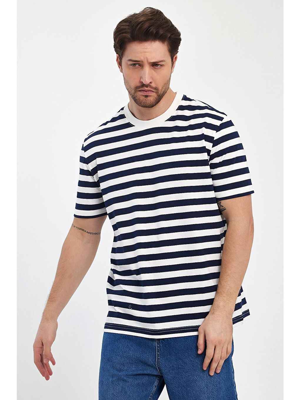 Lacivert Regular Fit Bisiklet Yaka %100 Pamuk Rahat Kesim Çizgili Erkek Tişört RF0389-1