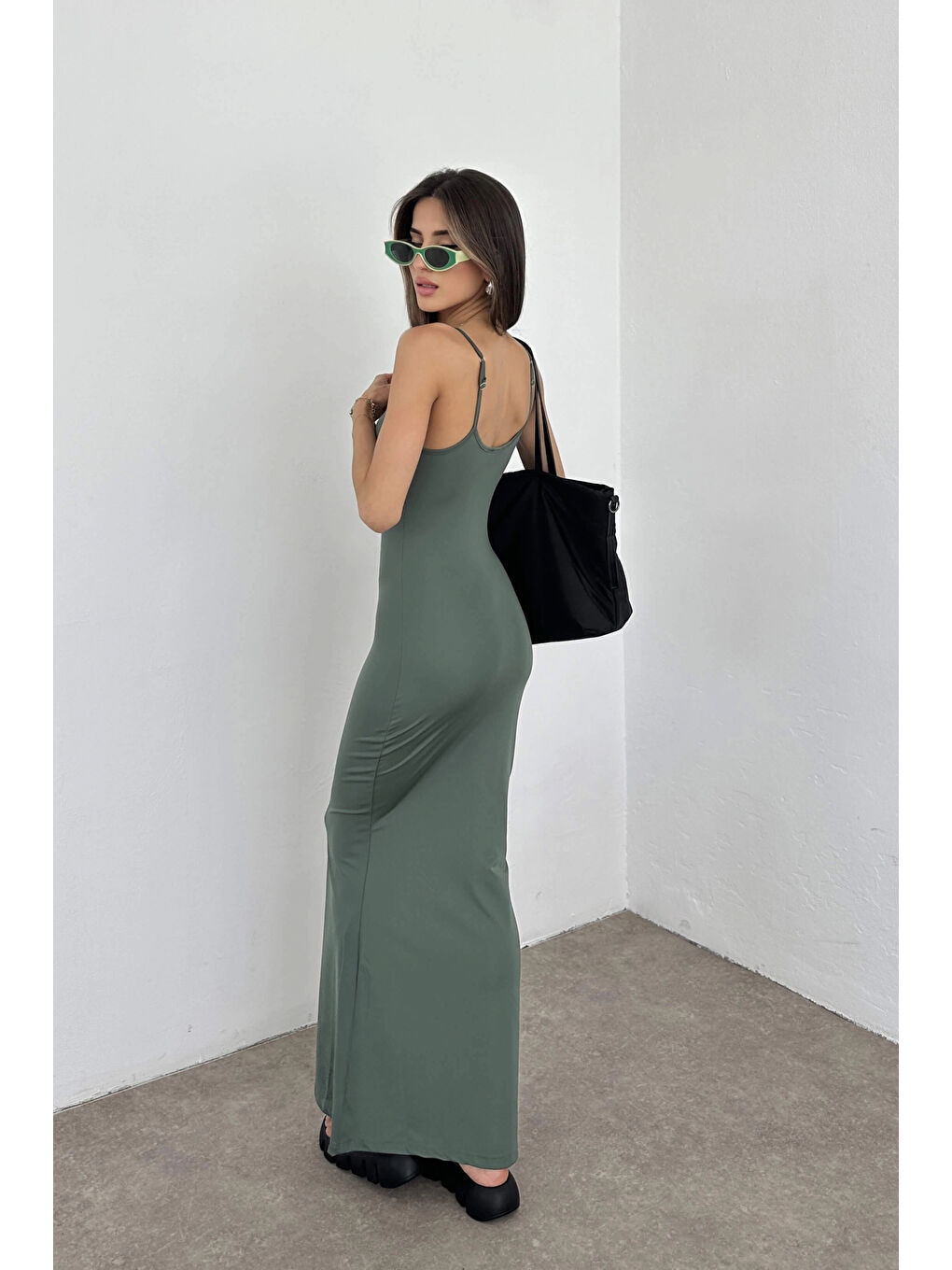 Kadın Haki Askılı Uzun Elbise 0999-105901-3