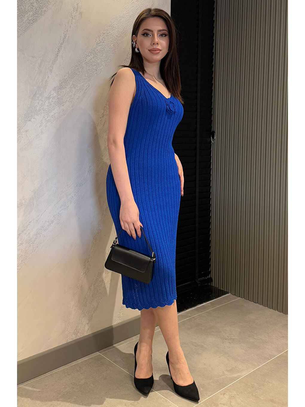 Mavi Gül Detaylı Kadın Örme Triko Elbise ( İçlikle Giyilmesi Önerilir)