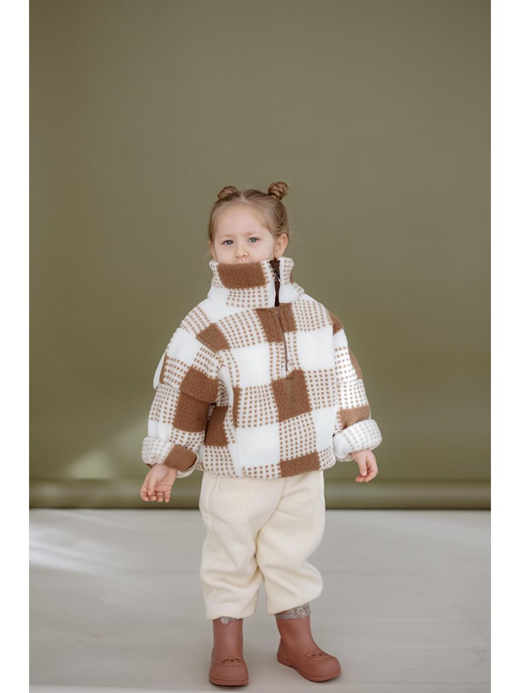 Kahverengi Kahve Kareli Yarım Fermuarlı Wellsoft Çocuk Mont 1-6 Yaş-2