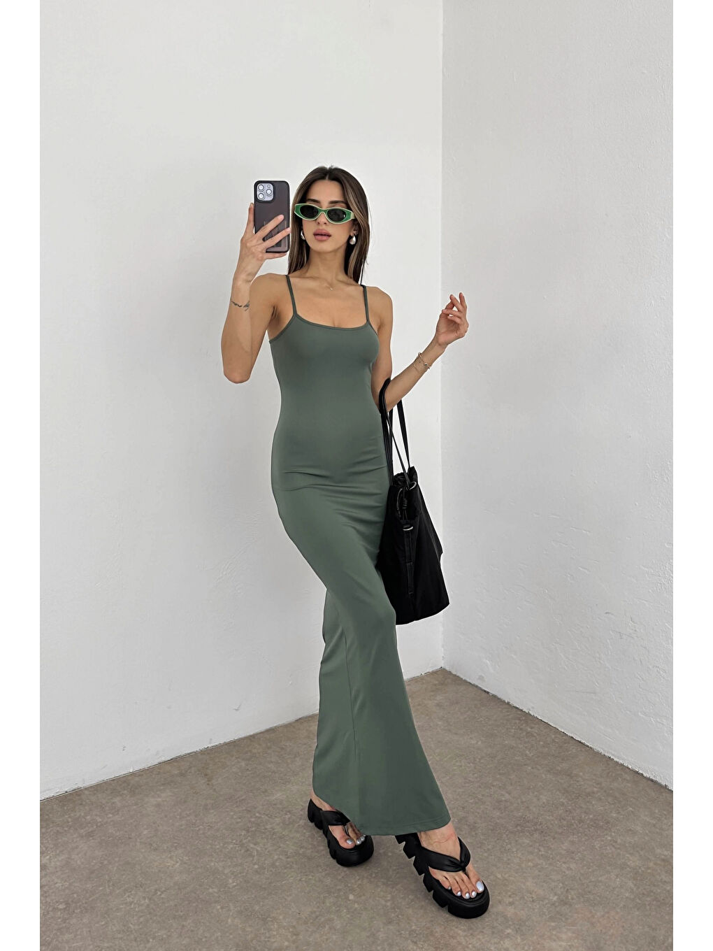 Kadın Haki Askılı Uzun Elbise 0999-105901-4