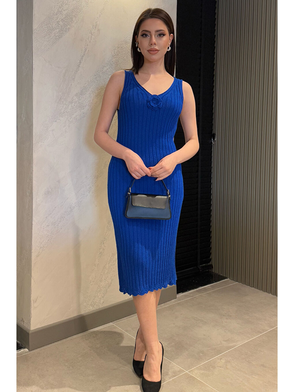 Mavi Gül Detaylı Kadın Örme Triko Elbise ( İçlikle Giyilmesi Önerilir)-1