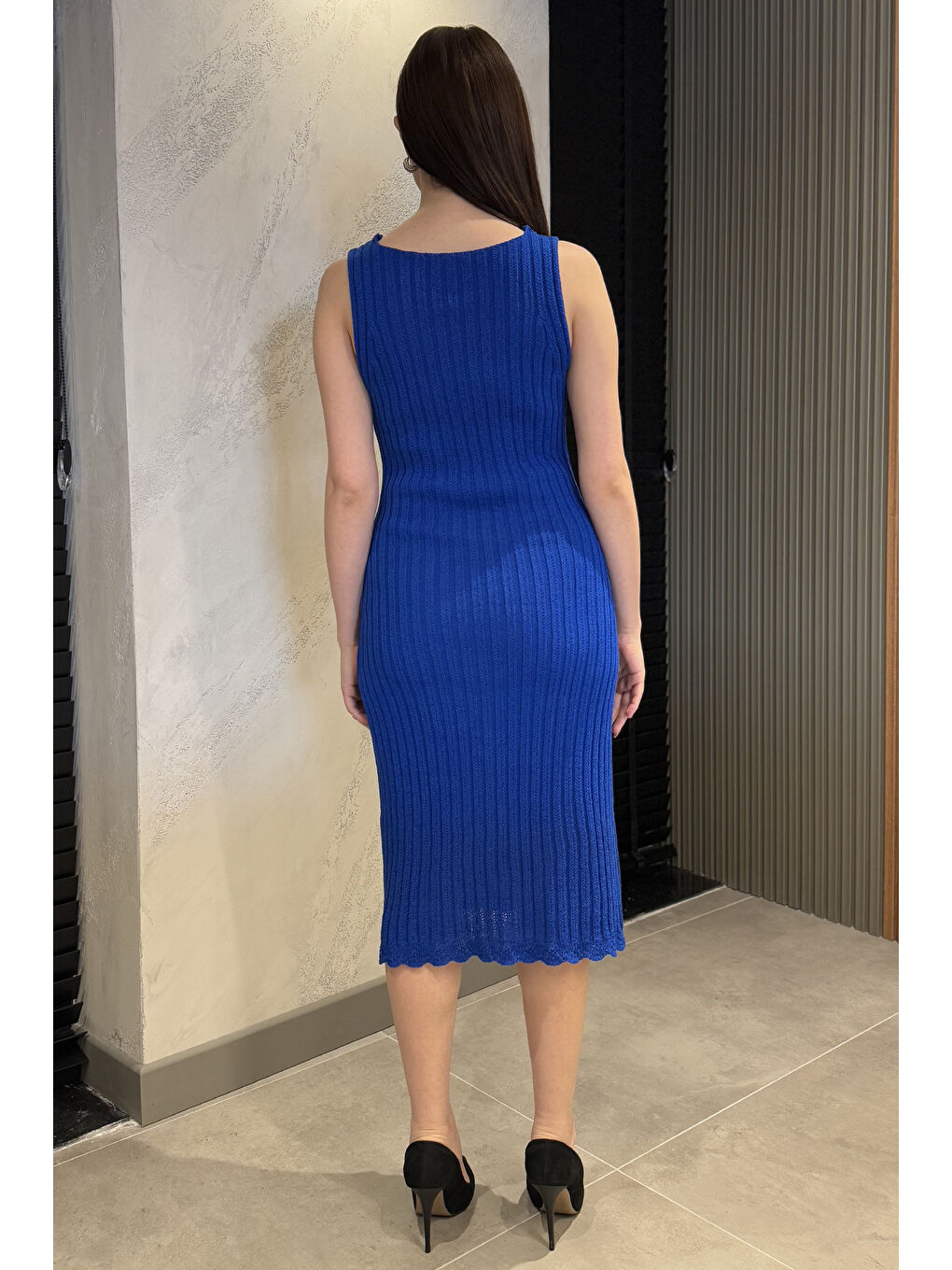 Mavi Gül Detaylı Kadın Örme Triko Elbise ( İçlikle Giyilmesi Önerilir)-2