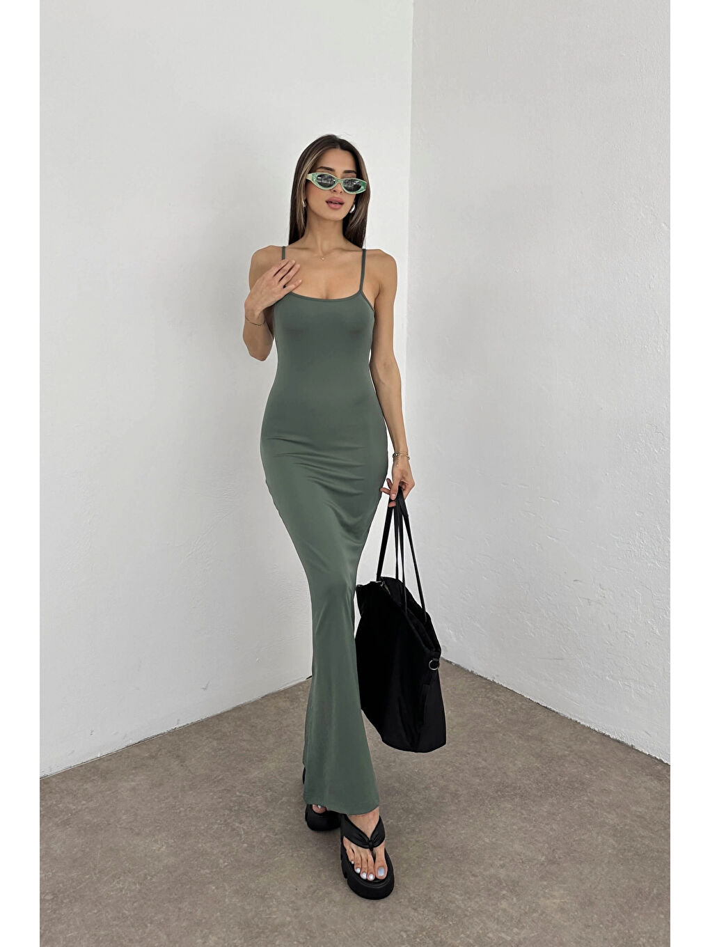 Kadın Haki Askılı Uzun Elbise 0999-105901-5