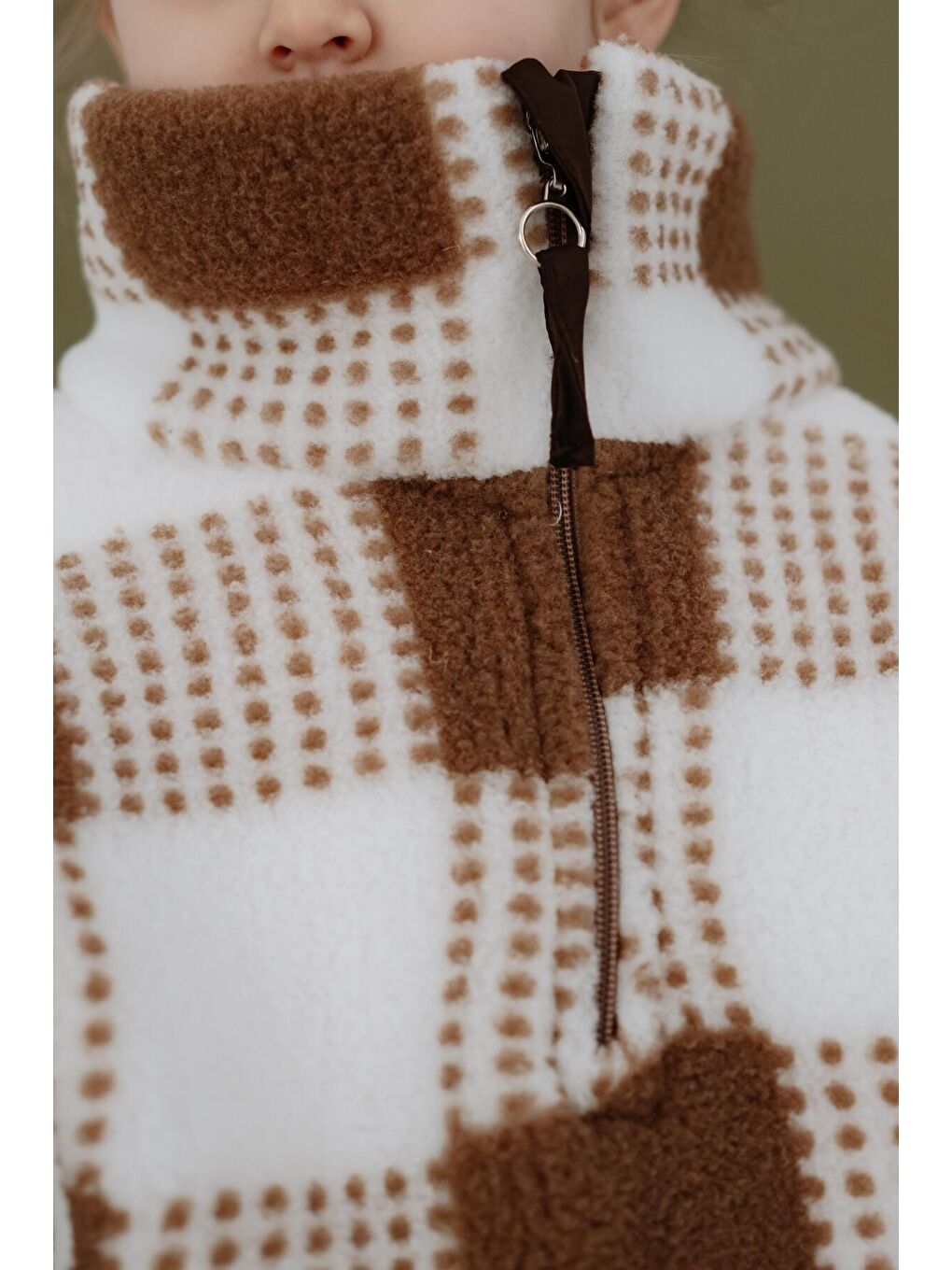 Kahverengi Kahve Kareli Yarım Fermuarlı Wellsoft Çocuk Mont 1-6 Yaş-3