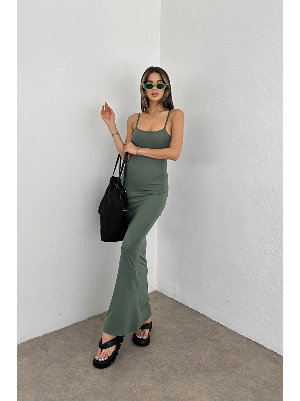 Kadın Haki Askılı Uzun Elbise 0999-105901-6