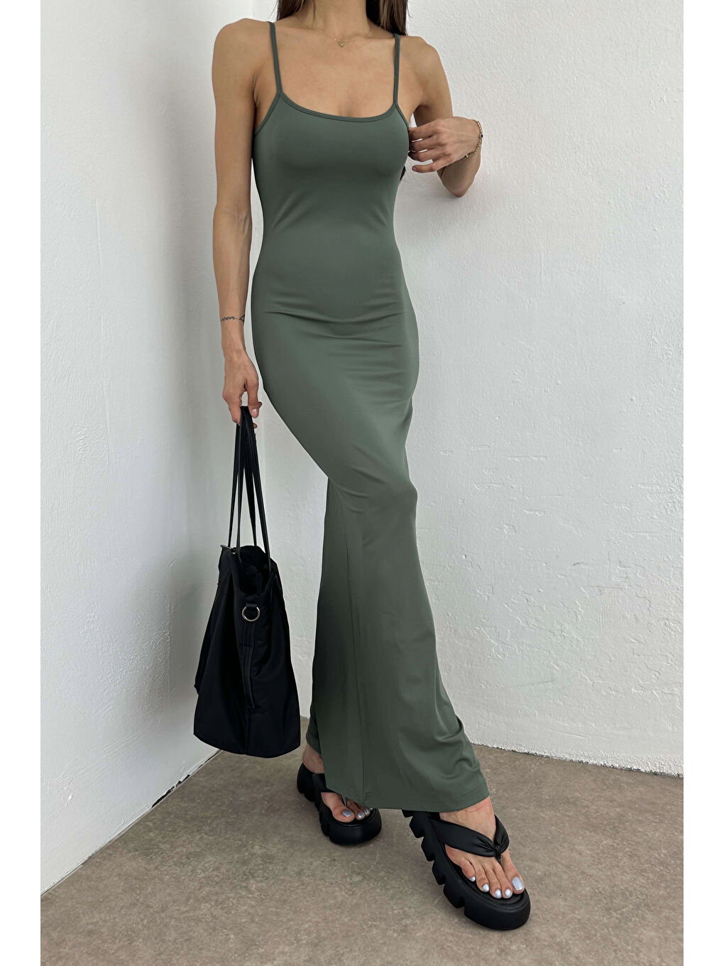 Kadın Haki Askılı Uzun Elbise 0999-105901-7