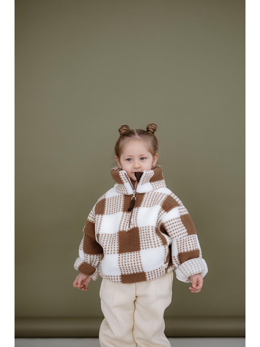 Kahverengi Kahve Kareli Yarım Fermuarlı Wellsoft Çocuk Mont 1-6 Yaş-4