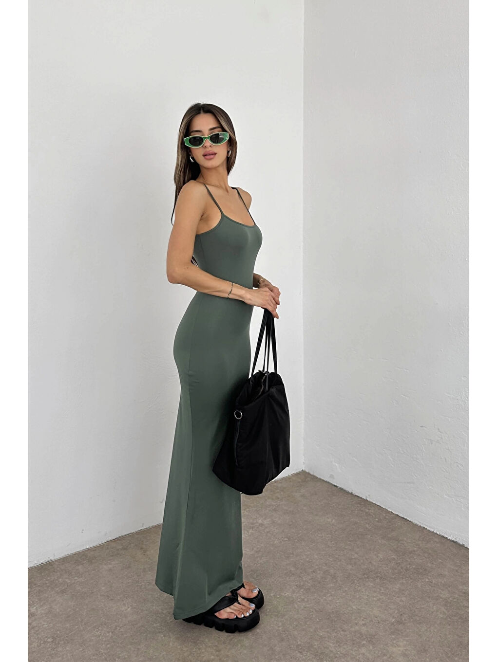 Kadın Haki Askılı Uzun Elbise 0999-105901-9