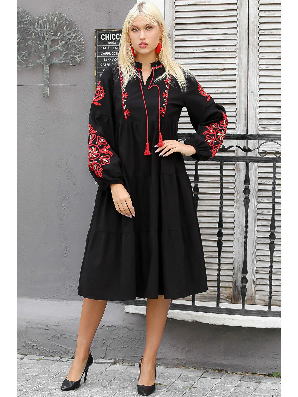 Kadın Siyah Hakim Yaka Balon Kol Bağlamalı Astarsız Regular Fit Casual Pamuk Dokuma Elbise-2