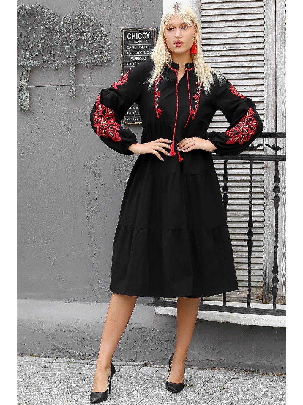 Kadın Siyah Hakim Yaka Balon Kol Bağlamalı Astarsız Regular Fit Casual Pamuk Dokuma Elbise-3