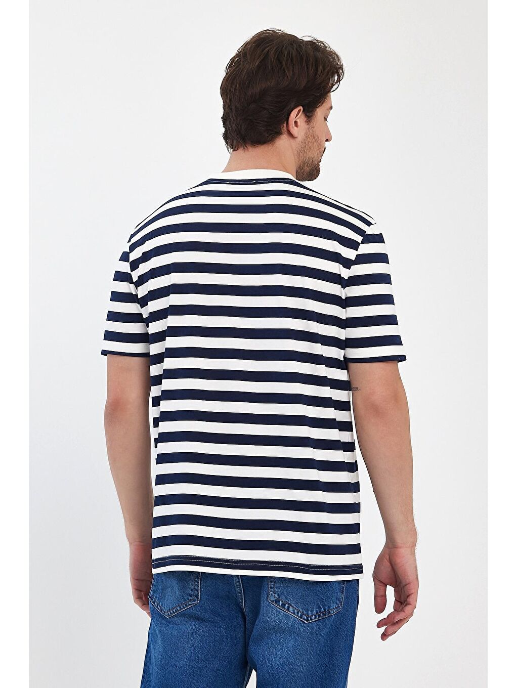 Lacivert Regular Fit Bisiklet Yaka %100 Pamuk Rahat Kesim Çizgili Erkek Tişört RF0389-6