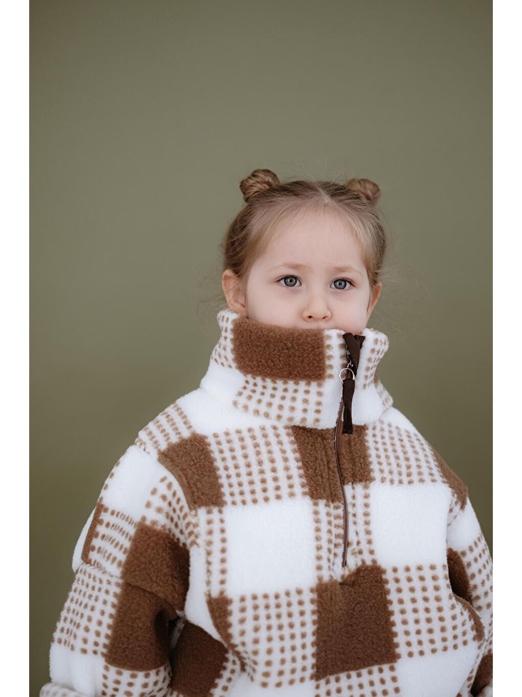 Kahverengi Kahve Kareli Yarım Fermuarlı Wellsoft Çocuk Mont 1-6 Yaş-7