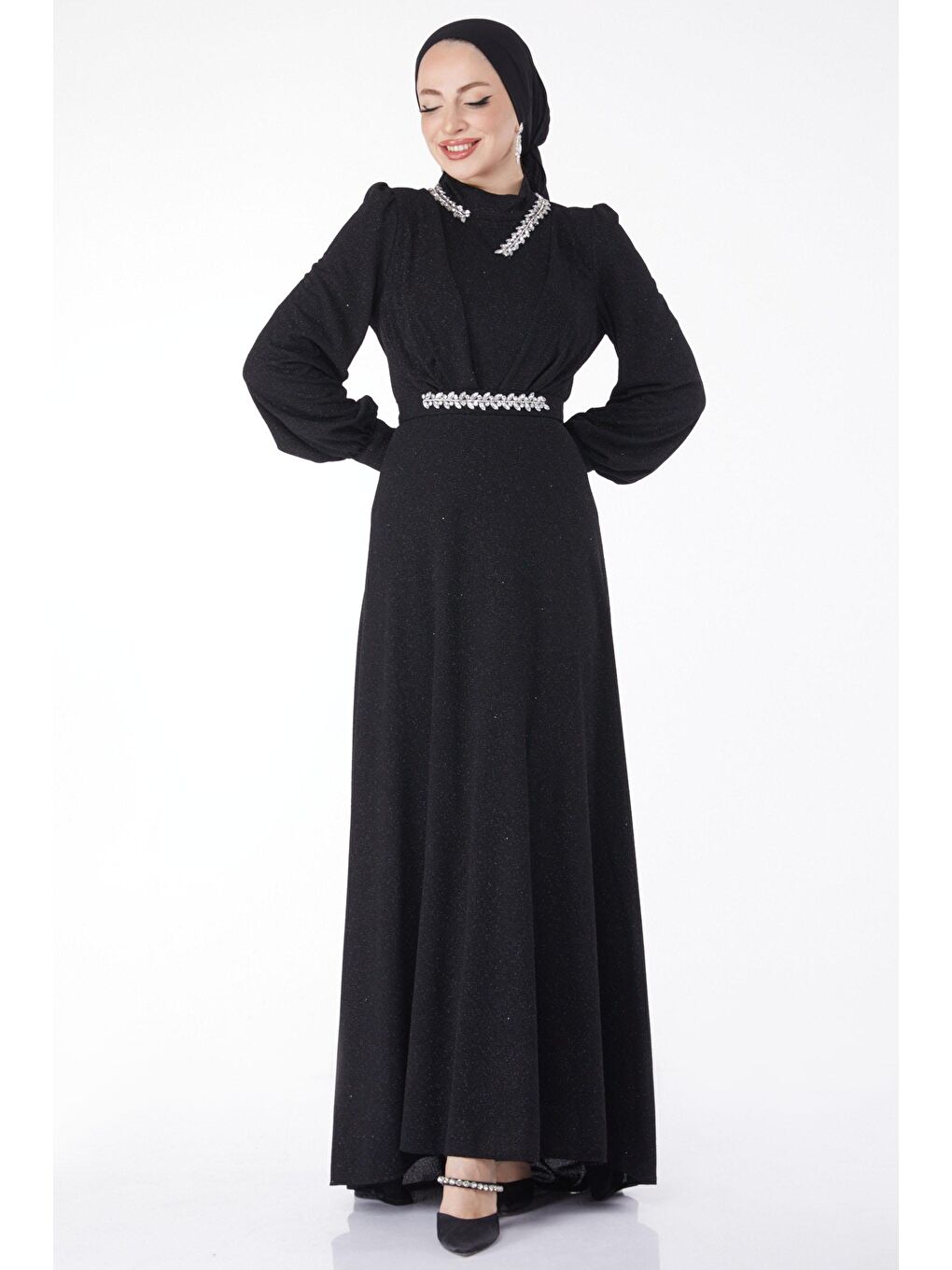 Düz Hakim Yaka Kadın Siyah Simli Yaka Taş Detaylı Abiye Elbise - 24594