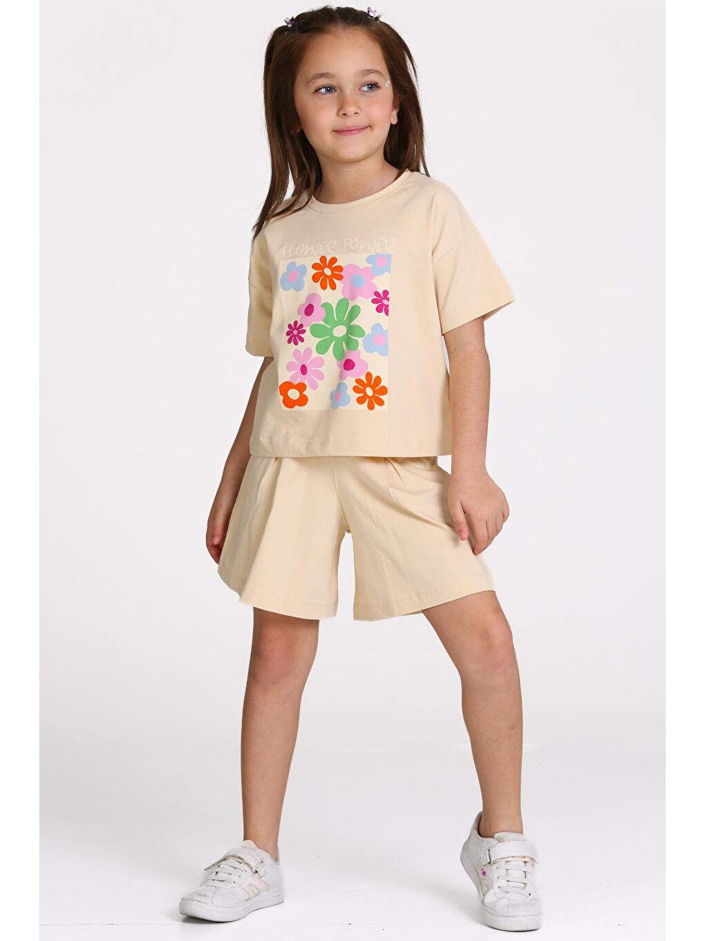 Bej Flower Power Baskılı 3-7 Yaş Takım - 2510-1