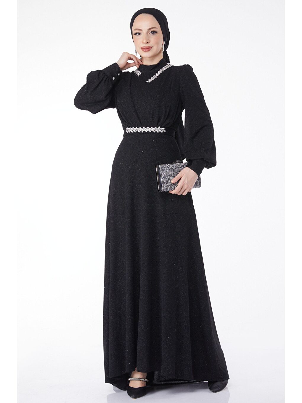 Düz Hakim Yaka Kadın Siyah Simli Yaka Taş Detaylı Abiye Elbise - 24594-1
