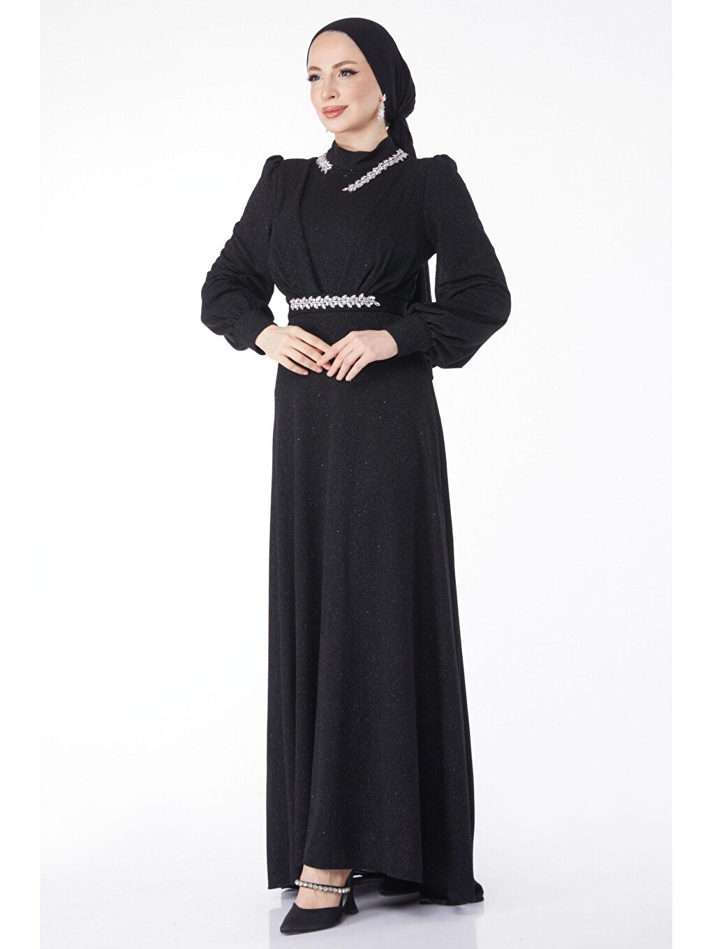 Düz Hakim Yaka Kadın Siyah Simli Yaka Taş Detaylı Abiye Elbise - 24594-2