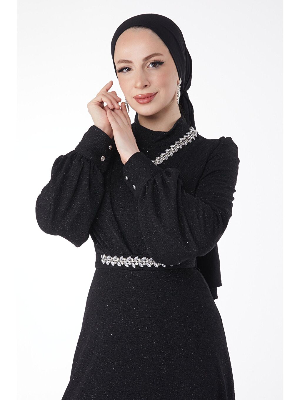 Düz Hakim Yaka Kadın Siyah Simli Yaka Taş Detaylı Abiye Elbise - 24594-3