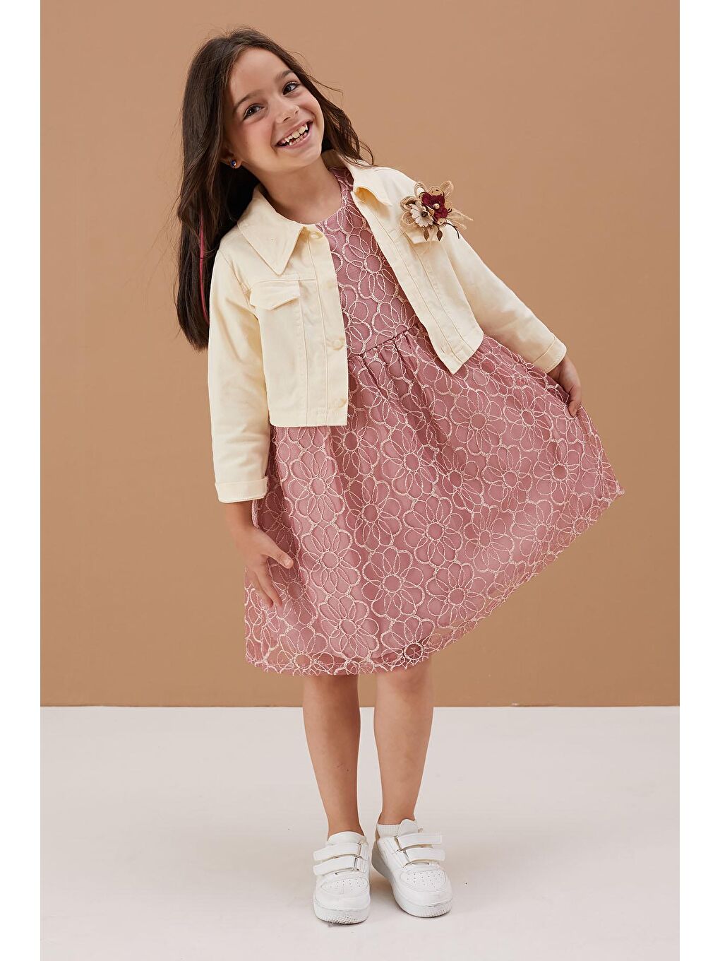 Pembe Jean Crop Ceketli Tüllü Kız Çocuk Elbise Takımı 19113