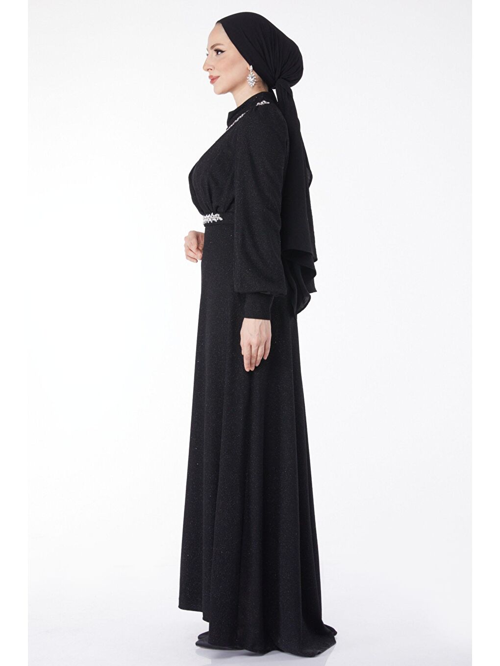 Düz Hakim Yaka Kadın Siyah Simli Yaka Taş Detaylı Abiye Elbise - 24594-4
