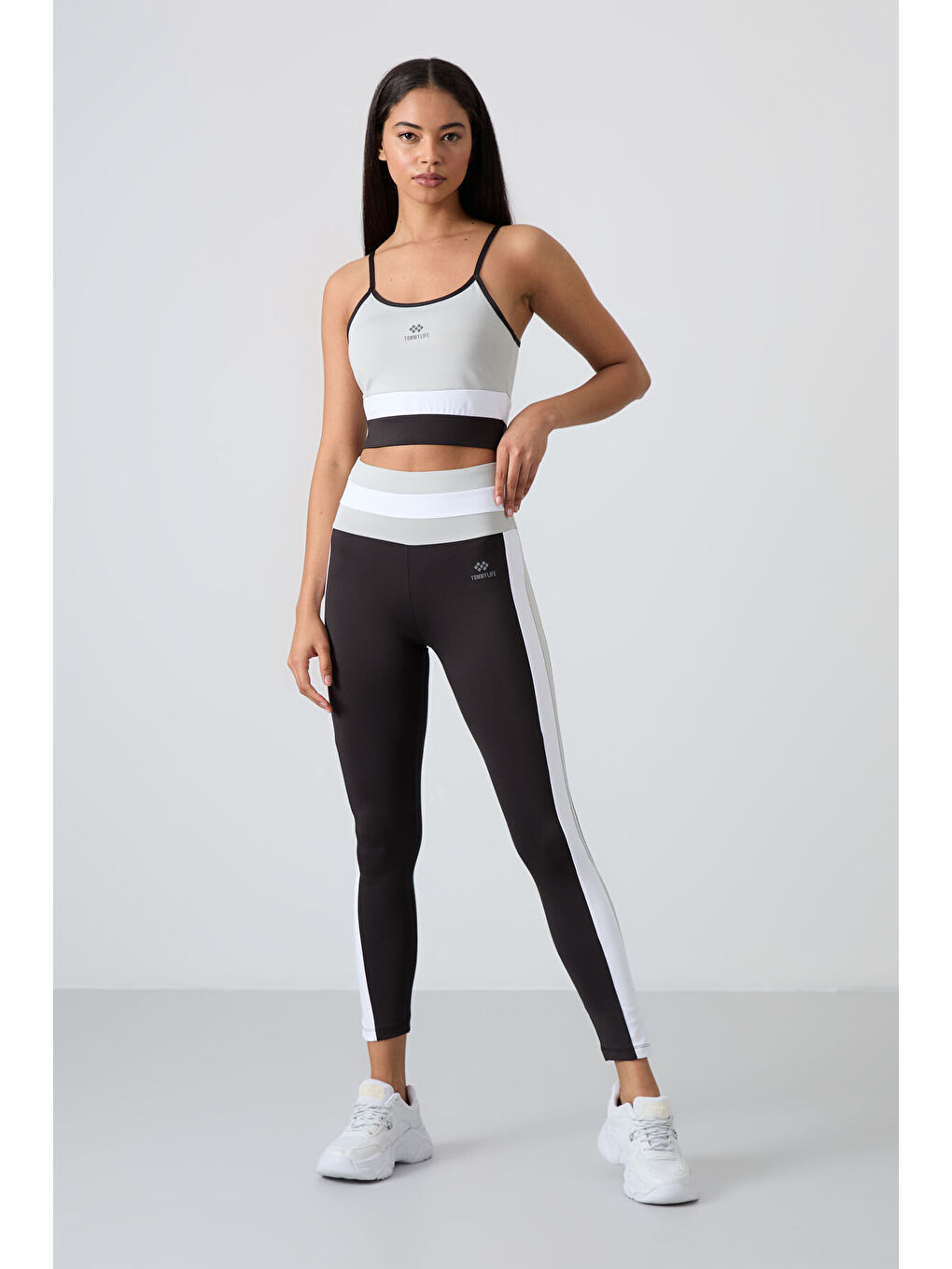 Bej Taş - Siyah Polyester Esnek Standart Fit Performans Kadın Tayt Takım - 95335