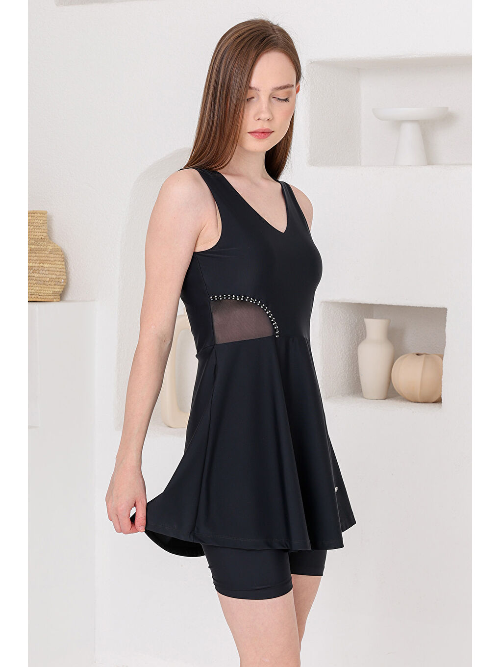 UV Korumalı Aksesuar Detay Elastanlı Sıfır Kol Yarı Kapalı Mayo 1625 Siyah02-1