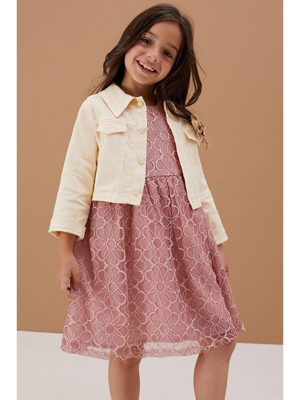 Pembe Jean Crop Ceketli Tüllü Kız Çocuk Elbise Takımı 19113-2
