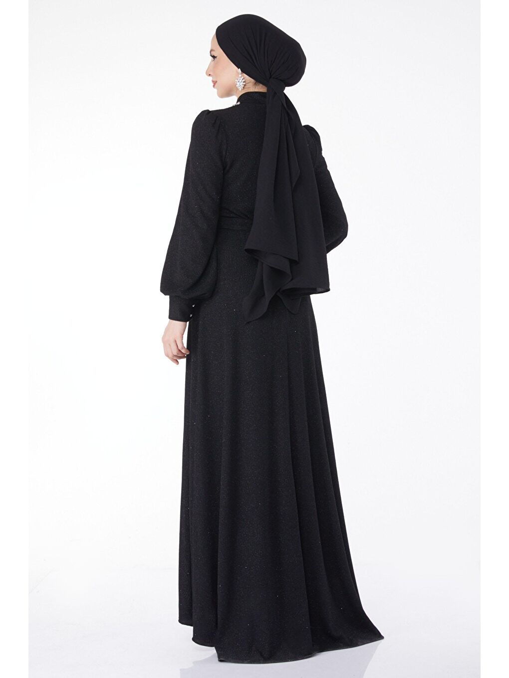 Düz Hakim Yaka Kadın Siyah Simli Yaka Taş Detaylı Abiye Elbise - 24594-5