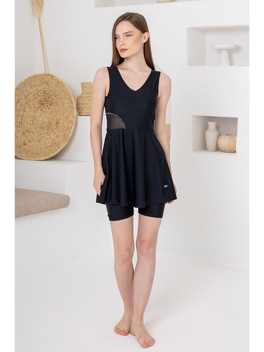 UV Korumalı Aksesuar Detay Elastanlı Sıfır Kol Yarı Kapalı Mayo 1625 Siyah02-2