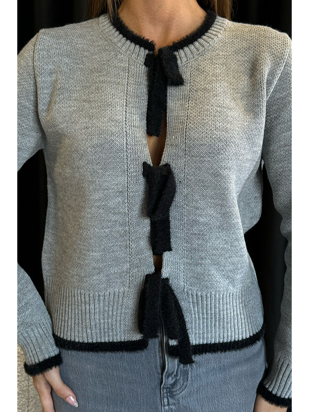 Gri Ön Bağlamalı Kadın Triko Ceket-2