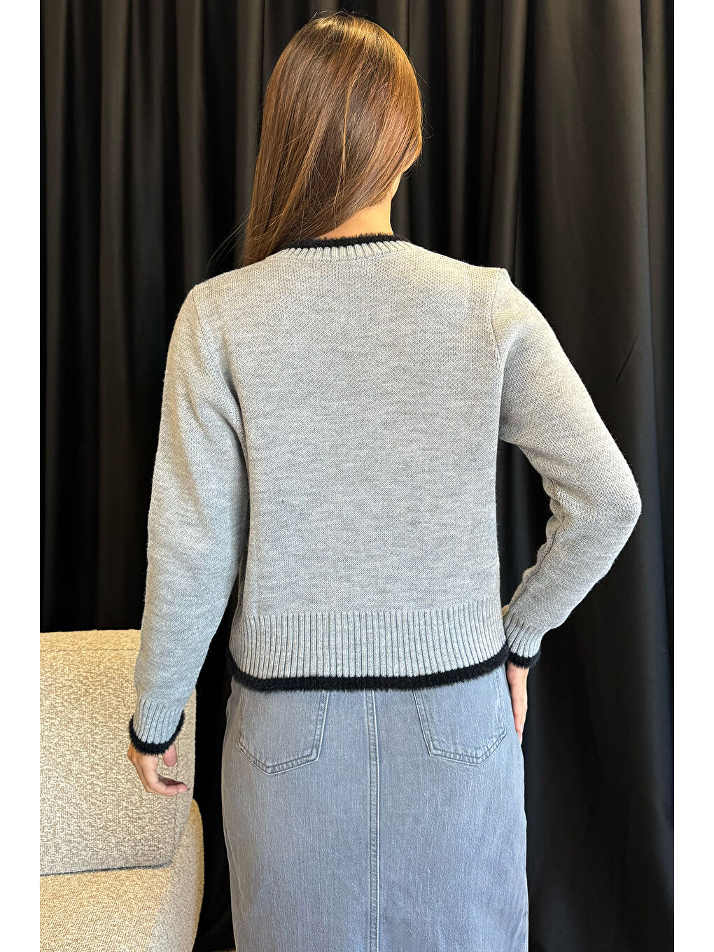 Gri Ön Bağlamalı Kadın Triko Ceket-3