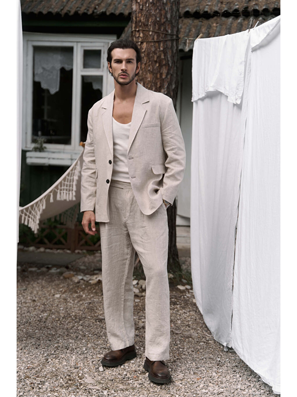 Bej Carlo Naturel Keten Erkek Blazer-1