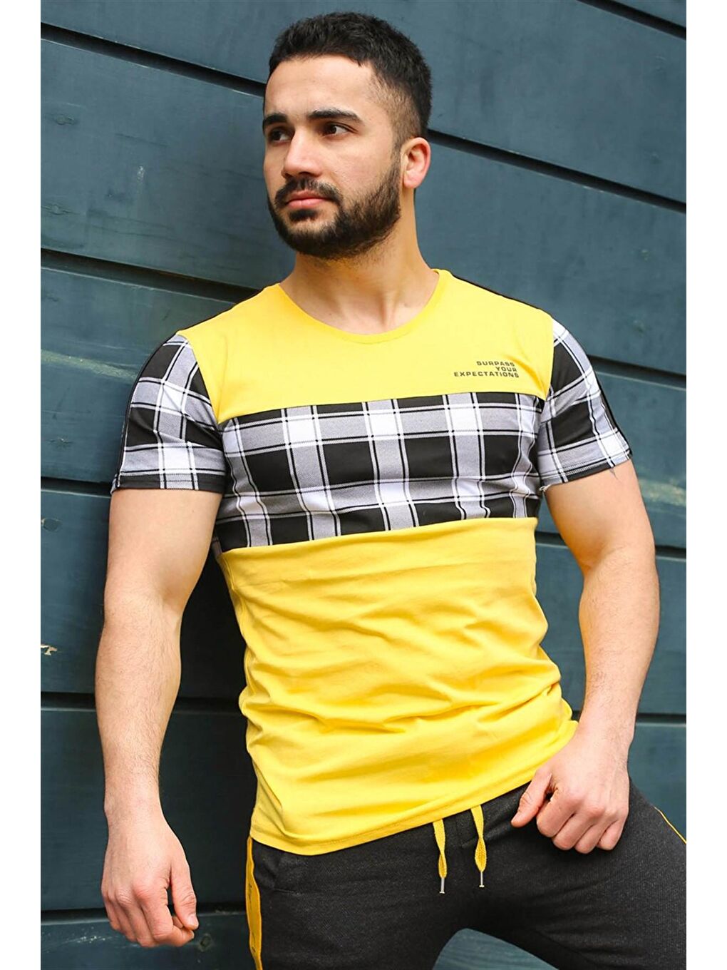 Bisiklet Yaka Ekoseli Sarı Tişört 3004