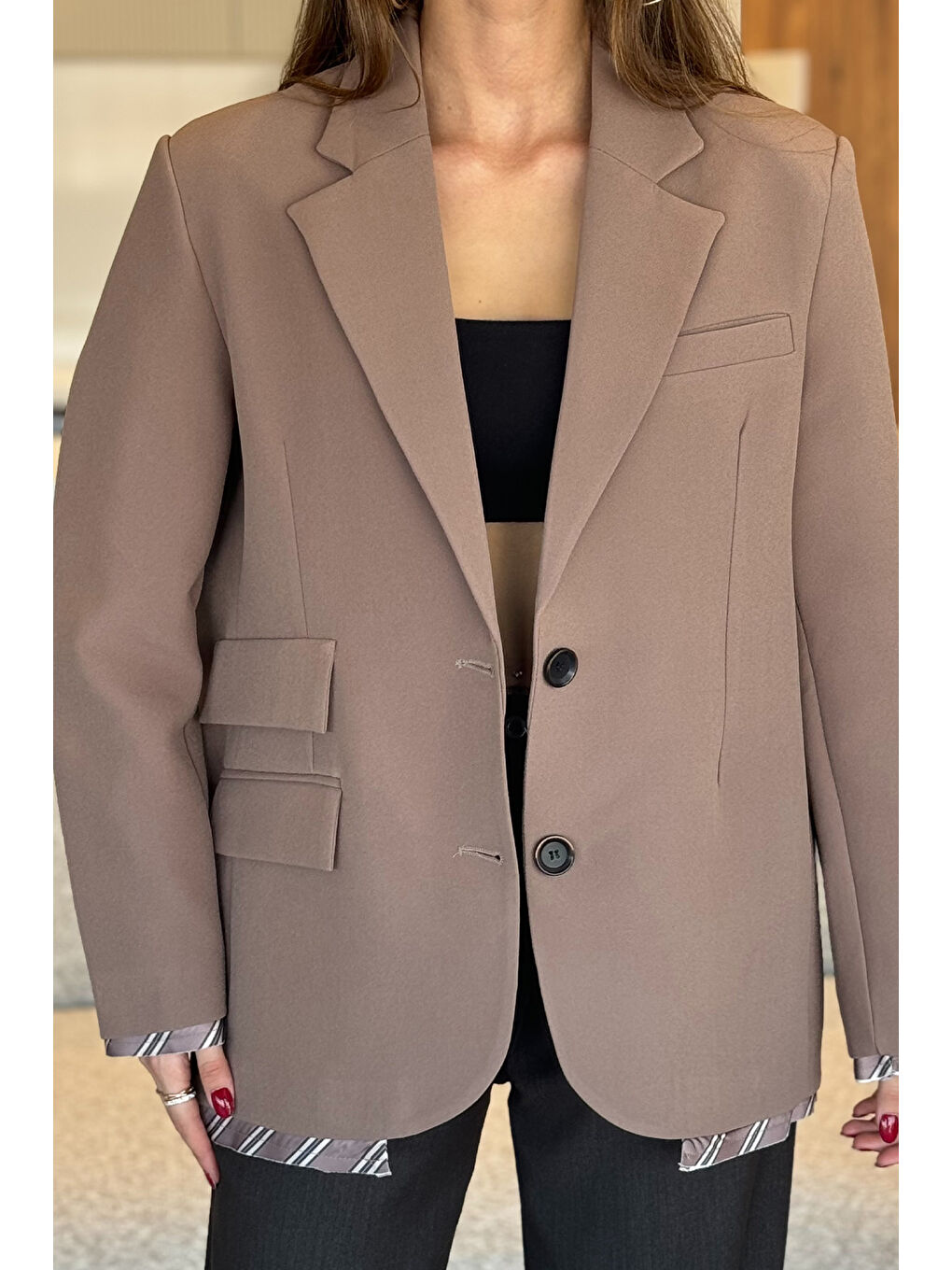 GÜLSELİ Vizon Kadın Astarlı Oversize Blazer Ceket - 2