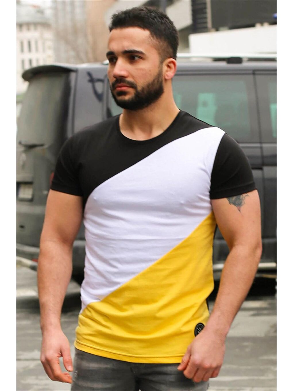 Renk Bloklu Siyah %100 Pamuk Tişört 3018-3