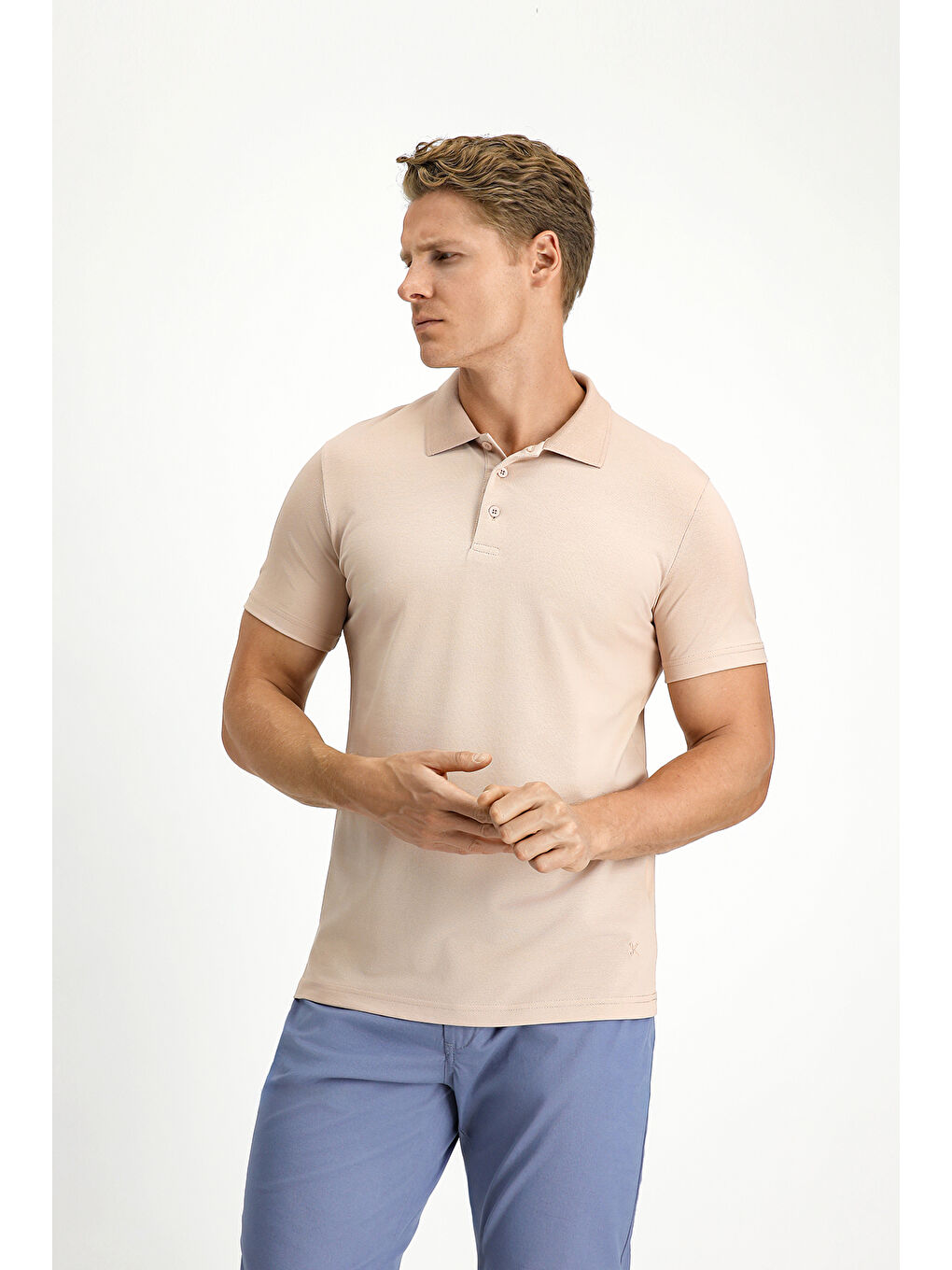 Bej Slim Fit Dar Kesim Pamuklu Polo Yaka Tişört-2