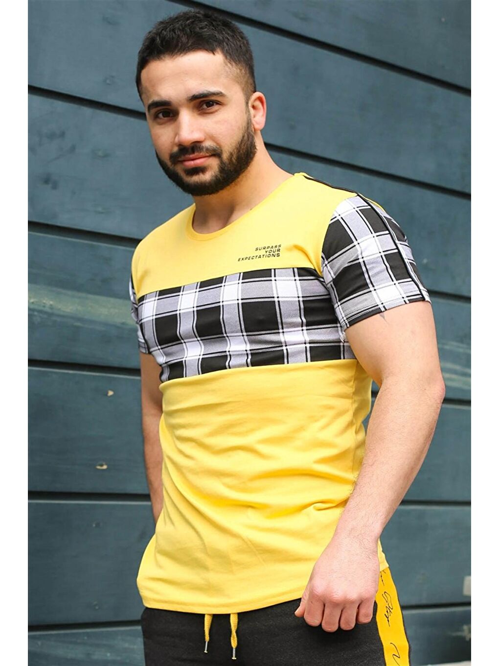 Bisiklet Yaka Ekoseli Sarı Tişört 3004-1