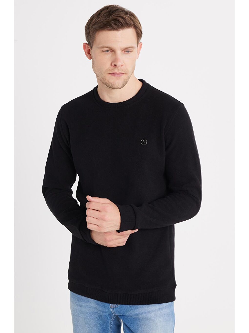 Erkek Slim Fit Dar Kesim Pamuklu Selanik Kumaş Bisiklet Yaka Siyah Sweatshirt