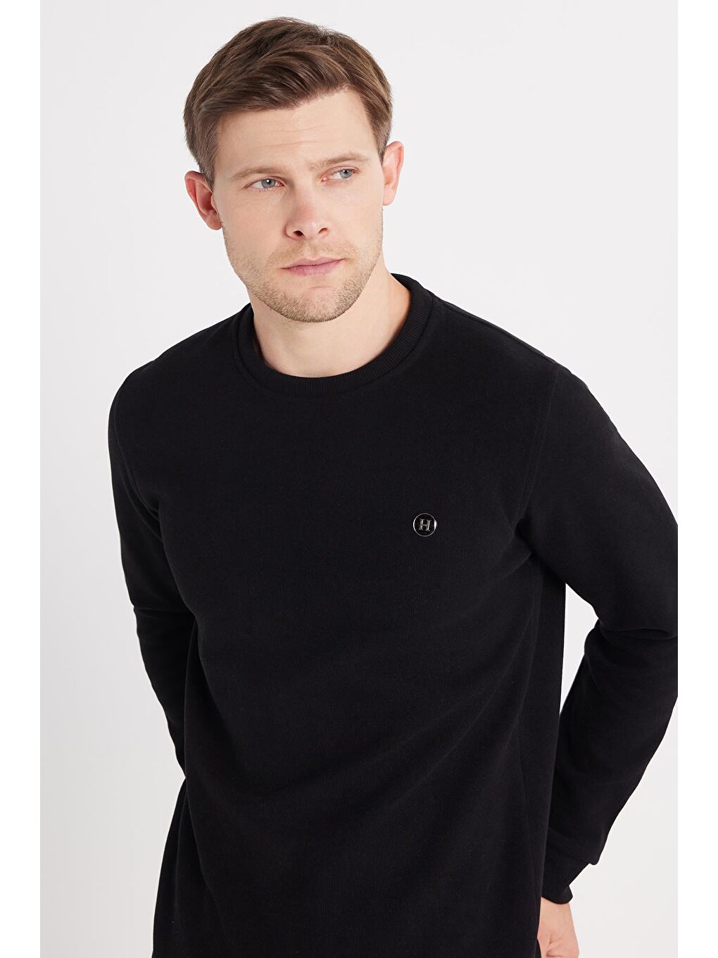 Erkek Slim Fit Dar Kesim Pamuklu Selanik Kumaş Bisiklet Yaka Siyah Sweatshirt-1