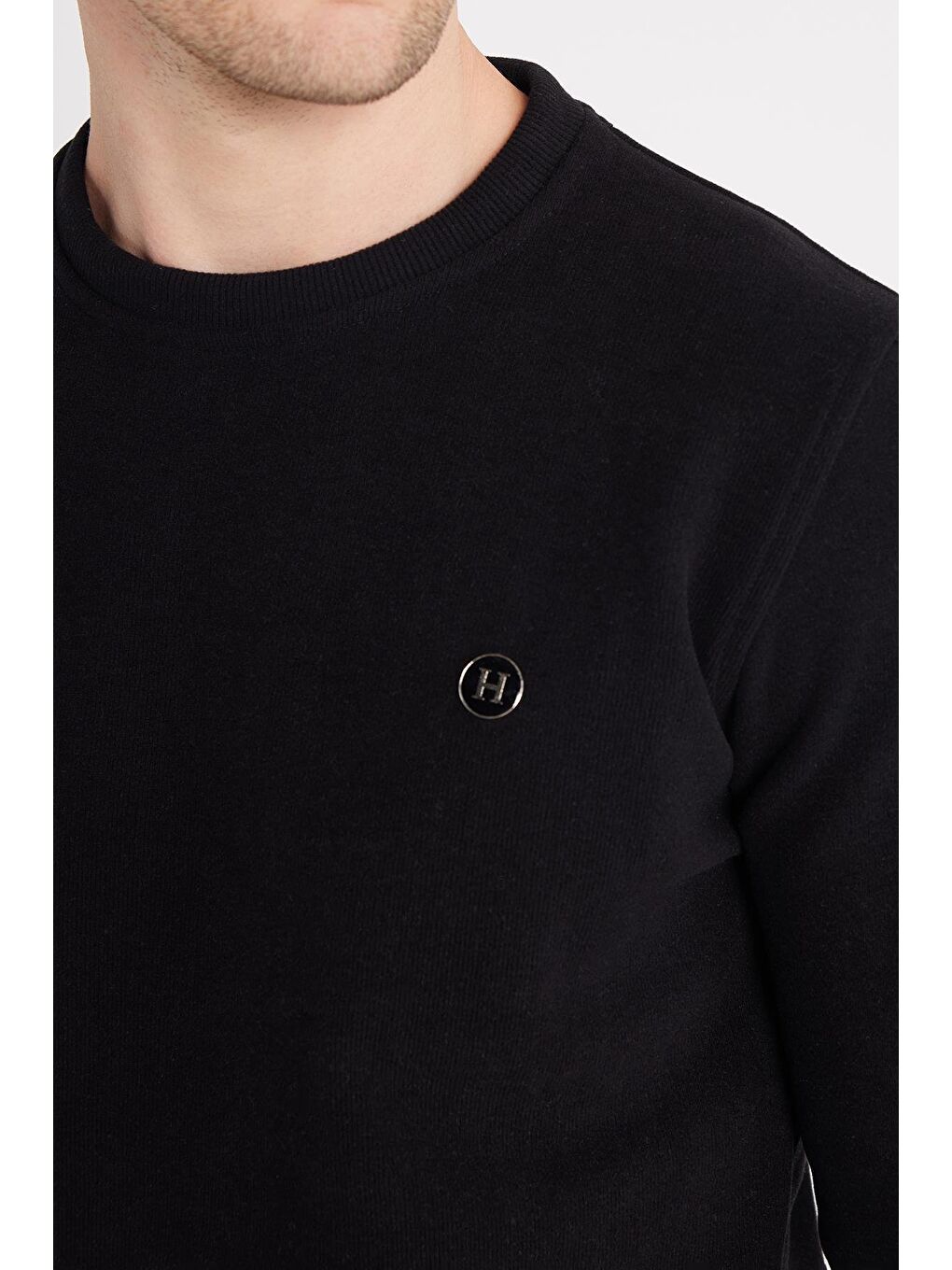 Erkek Slim Fit Dar Kesim Pamuklu Selanik Kumaş Bisiklet Yaka Siyah Sweatshirt-2