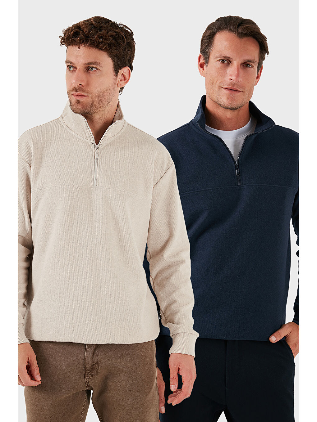 Bej Pamuklu Regular Fit Yarım Fermuarlı Dik Yaka 2'li Paket Kazak 456112S2