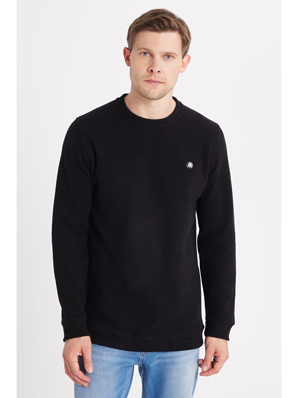 Erkek Slim Fit Dar Kesim Pamuklu Selanik Kumaş Bisiklet Yaka Siyah Sweatshirt-3