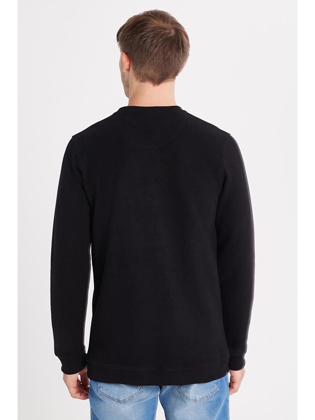 Erkek Slim Fit Dar Kesim Pamuklu Selanik Kumaş Bisiklet Yaka Siyah Sweatshirt-4