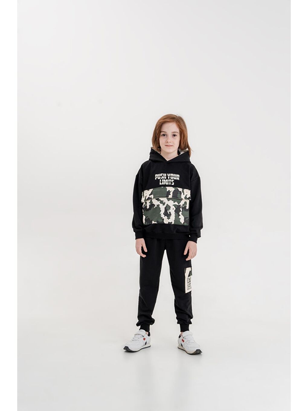 Mışıl Kids Siyah Push Your Limits Baskılı Kapüşonlu Erkek Çocuk Genç Sweatshirt Eşofman Takımı