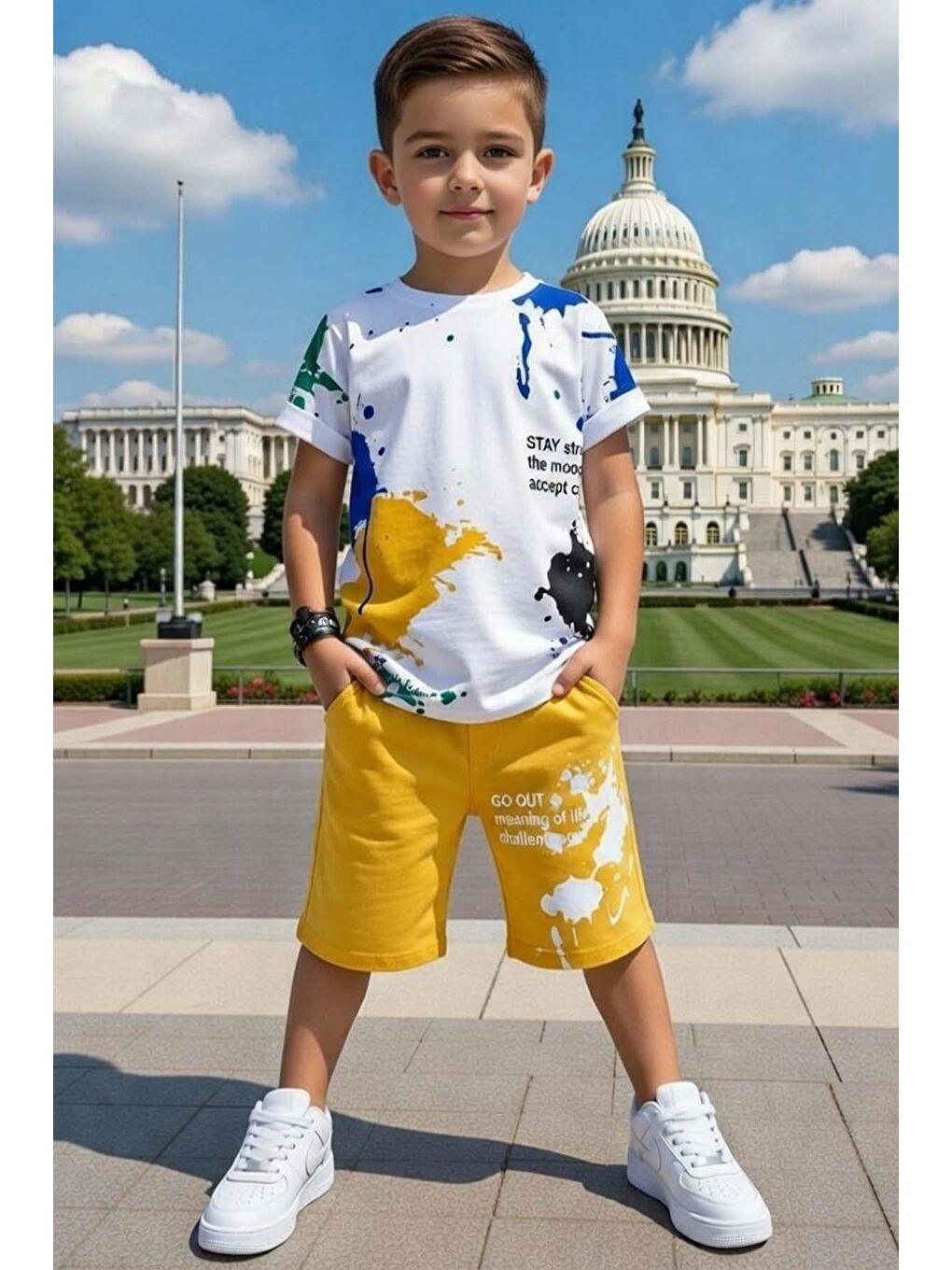 Erkek Çocuk Üzeri Karışık Renkli Boya Detaylı Sarı Şortlu Takım