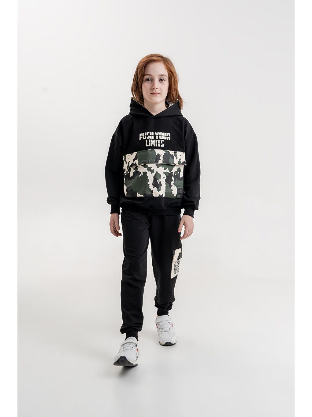 Mışıl Kids Siyah Push Your Limits Baskılı Kapüşonlu Erkek Çocuk Genç Sweatshirt Eşofman Takımı - 1