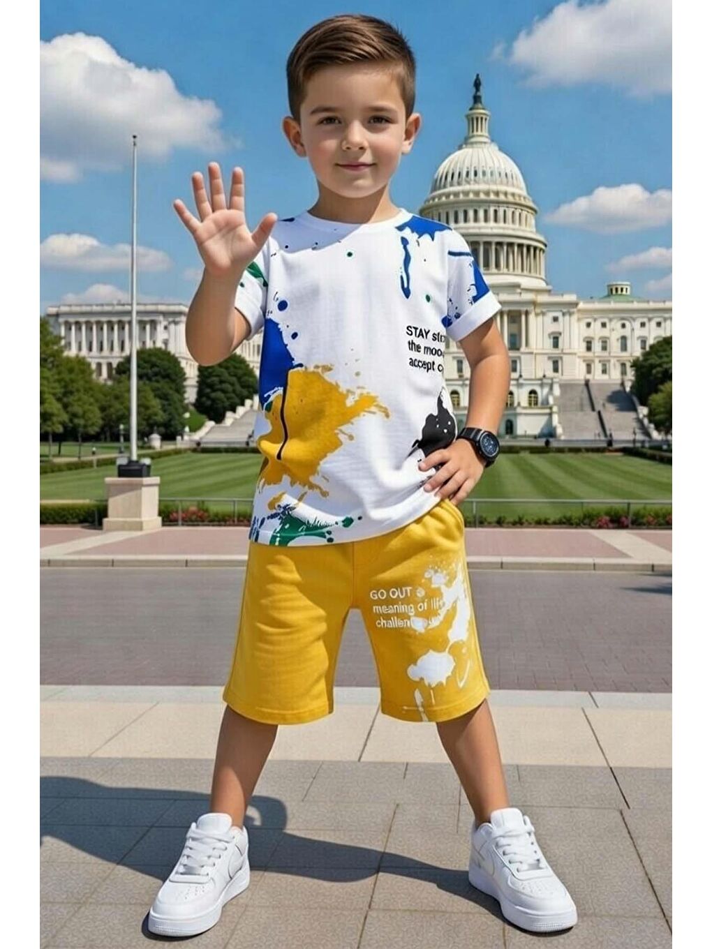 Erkek Çocuk Üzeri Karışık Renkli Boya Detaylı Sarı Şortlu Takım-2